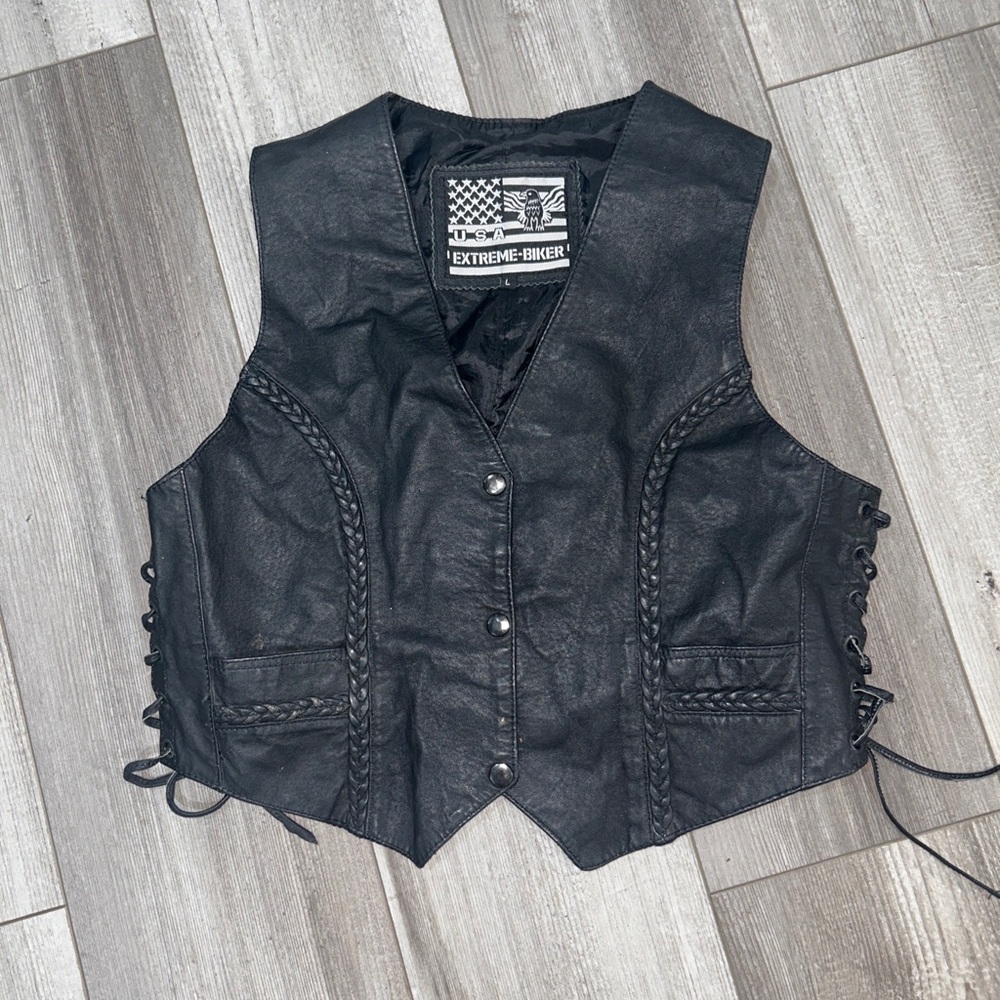 Extreme Biker USA Black Leather Motorcycle Vest LV221 Womens Large